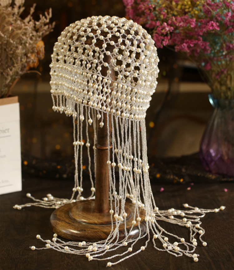 Bridal Hair Accessory Vintage Pearl Beaded Headpiece Handcrafted Crochet Design